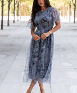 Josie Tulle Midi Dress | Dusty Blue Floral