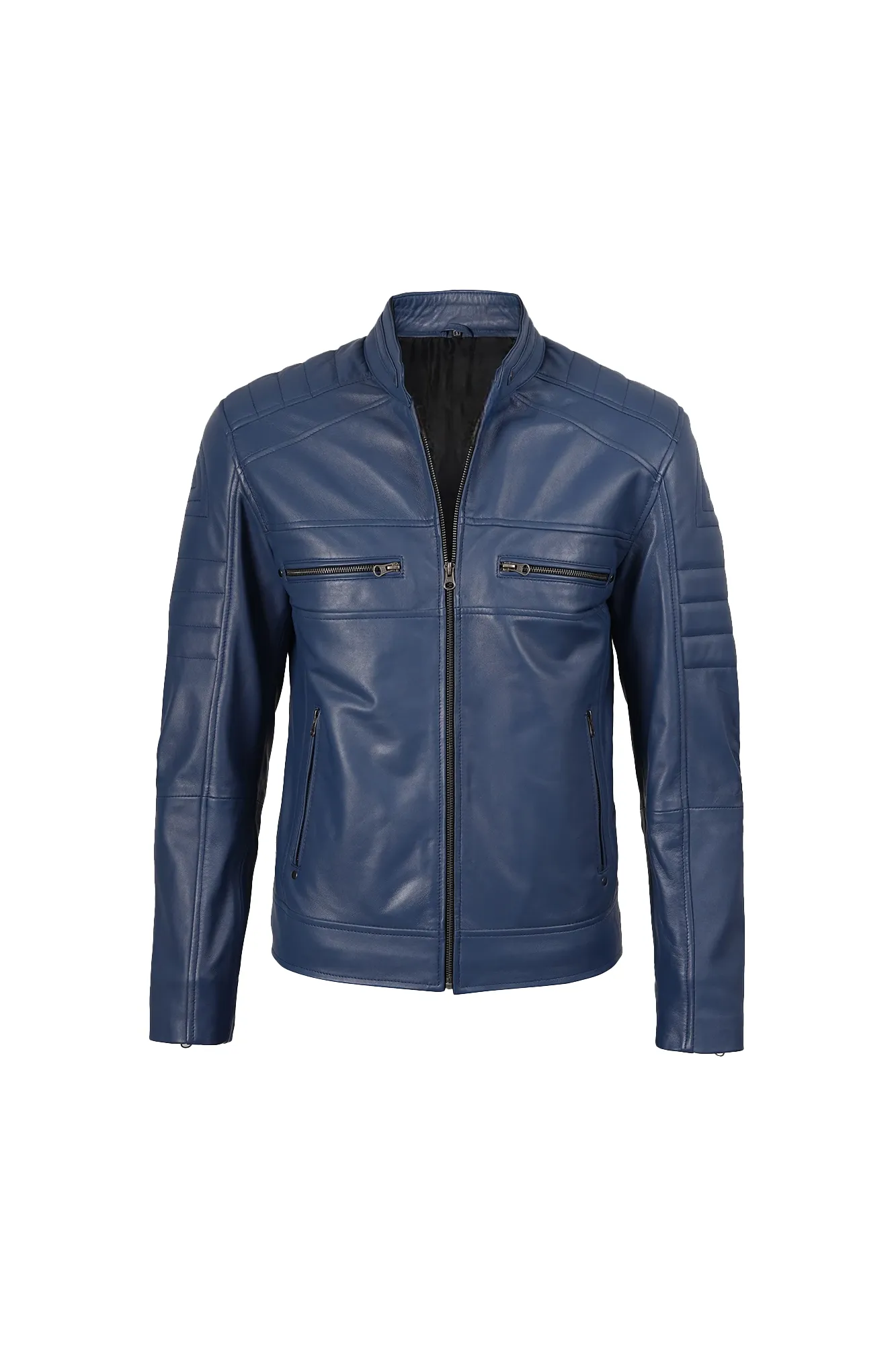 Men’s Blue Biker Style Leather Jacket - Image 3