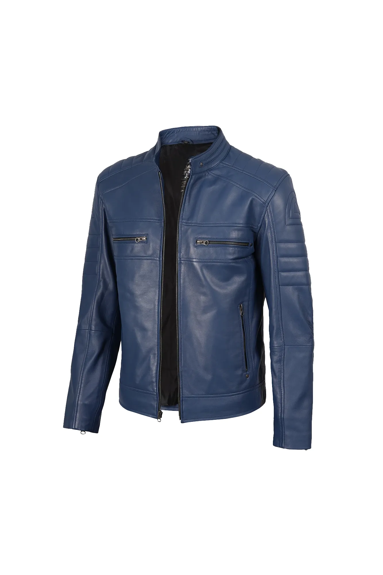 Men’s Blue Biker Style Leather Jacket - Image 2