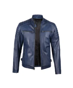 Mens Blue Waxed Biker Style Leather Jacket