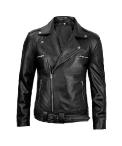 Men’s Black Asymmetrical Belted Biker Leather Jacket