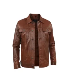 Mens Brown Shiny Stylish Collar Style Leather Jacket